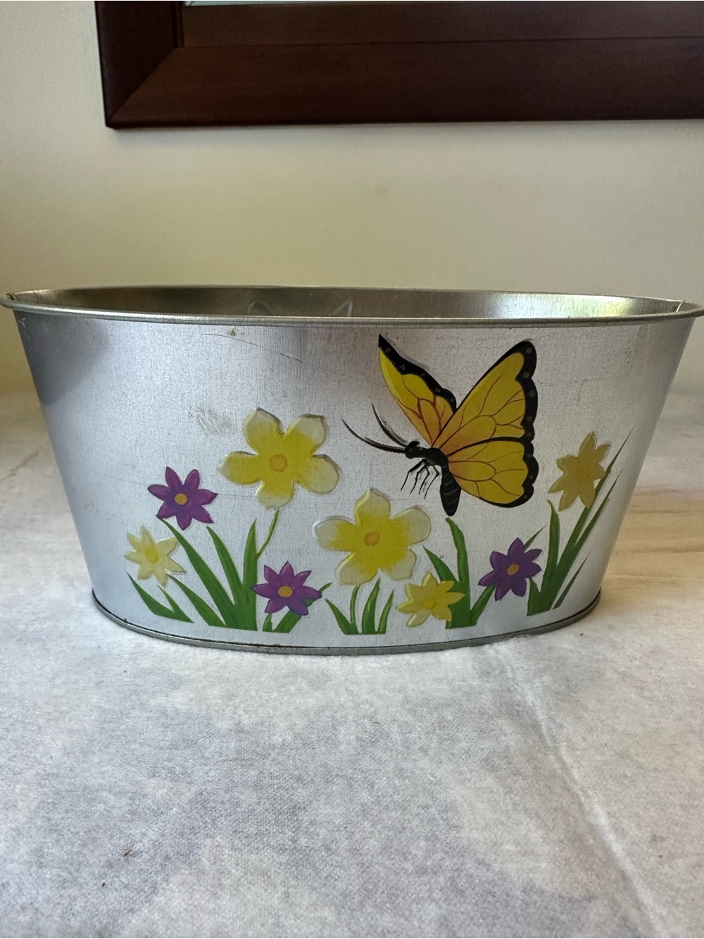 Silver Floral Butterfly Metal Planter - Yellow & Purple